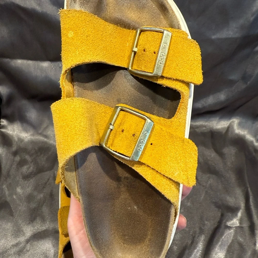 Birkenstock Papillio size 38 Suede Arizona Platform Sandals Gold Buckles w/ box - Picture 8 of 12
